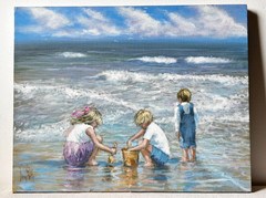 Original Oil Painting, Signed 20“x16″ Children on The Beach, Ocean Landscape