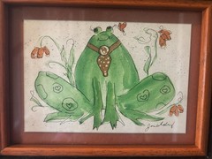 OOAK Vintage Frog Watercolor Painting Hearts Flowers Signed Framed Matted 9×7”