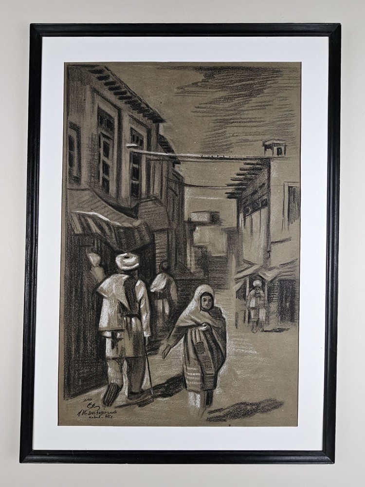 Vintage Original Signed Dastagirzada Charcoal Art 24×17 Framed VTG Kabul, Afghan