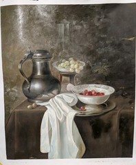 Canvas Oil Painting Still Life with Pewter Flagon and two Bowels of Fruit