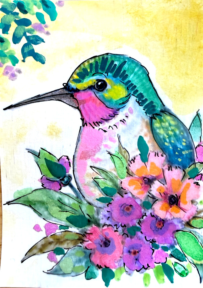 Hummingbird Among Blossoms ACEO Original Watercolor Painting OOAK Art AdriO