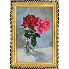 Original Oil Painting Red and Pink Roses in Glass Jar Still Life 4×6 Framed