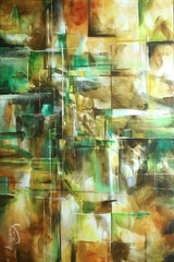 original painting earth tones green geometric depth layers linear design M. Lang
