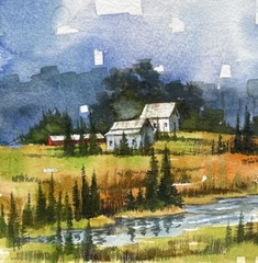9.5×5.5” Original Watercolor Pamela Wilhelm The River Farm Barns Pine Trees