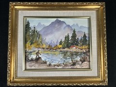 C. Hunt Original Watercolor Mountain Landscape Fisherman Framed 10”x8”