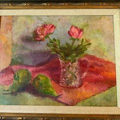 VINTAGE 80s floral flower original hand painted oil PAINTING by E Black pinks