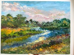 River Landscape Oil Painting Original Impasto Textured canvas Wall art 13×10 in