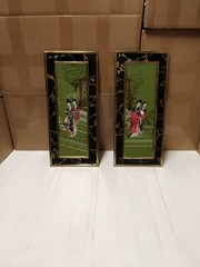 Vintage 18″ Framed Black Glass pictures Two Japanese Women Walking Path
