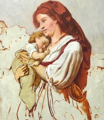Mother with Child, Oil on Wood, Study, Italy Mid 19th century 30.0cm x 22.5cm