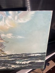 Large Vintage Oil Painting Sailing Ship in Rough Seas Signed Nautical