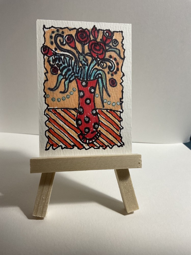 „Polka Dots & Roses“ Orig. watercolor and ink trading card signed by artist