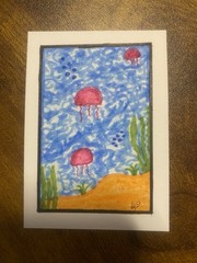 Cute Pink Jelly Fish Ocean Scene ACEO Original Sketch Card Hand-Painted