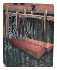 Mid Century Industrial Waterfront Oil Painting Signed Heller Dock Scene