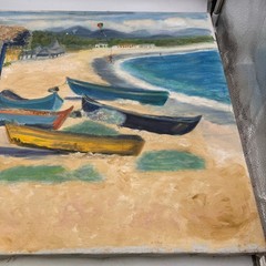 Vintage Seascape Oil Painting Boats Ocean Original Art 20×24 Canvas Unsigned