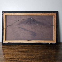 Vintage 70s Black Velvet Mountain Landscape Oil Painting Carved Wood Frame 22×13
