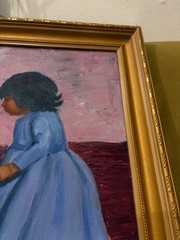 Vintage Painting Acrylic Modernism 70s Gold Frame 19×15 Girl in Blue Dress
