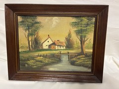 Original Signed Oil Painting Rustic Cottage Landscape Vintage Framed Decor