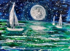 ACEO Original Painting NIGHT Moon Summer Stars Sailboats Ocean Sea Bay Boats ART