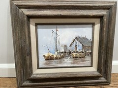 ALFRED G. MORGAN Original Signed Oil Painting Seascape Boats At Harbor