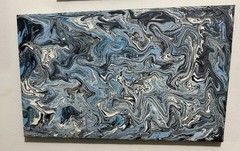Abstract Fluid Art Acrylic Pour Painting on Canvas, Blue Gray Black