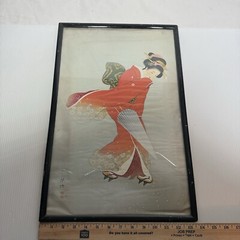 Japanese Lady W/Red Kimono Framed Painting, Signed Artwork 13.5” X 21.5” Asian