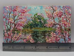 Original Pink Tree Painting Small White Framed River Pond Water Reflections Art