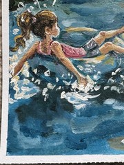 Original 4×6 Sunset Lake Painting Nostalgic Impressionist Art Signed Girl Tubing