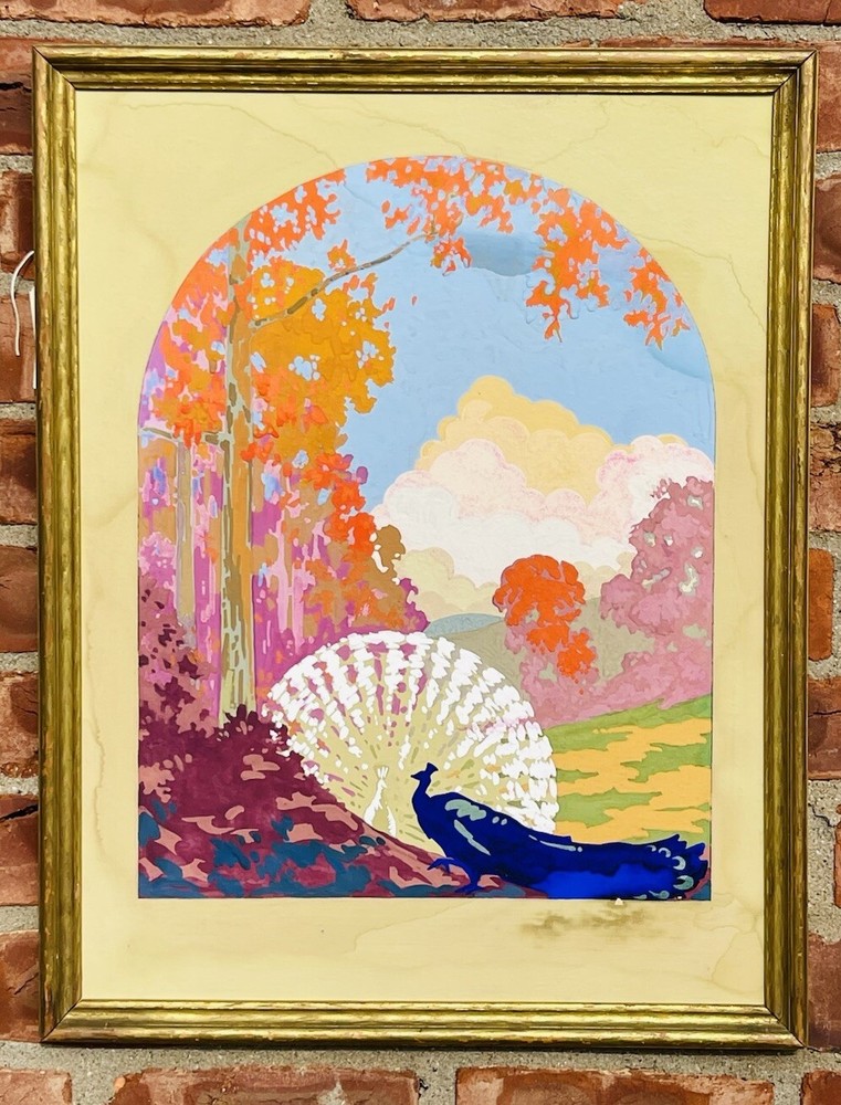 Spectacular Circa 1930s Art Deco Gouache Painting Peacocks In Landscape Unsigned