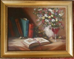 Books, Flowers, Old Brass, 12×16 Original Oil Painting Celene Farris, Maine
