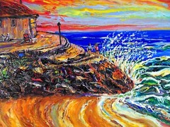 SANTA CRUZ SURF Original Oil Painting Arthur Robins surf board ocean beach sand