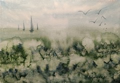 BOATS SEA BERDS WAVES Original Artwork Painting Landscape SKY CLOUDS Seascape A5