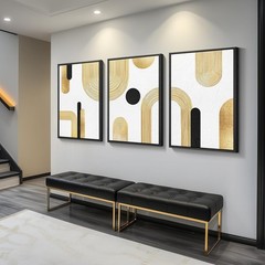 Large Framed Abstract Geometric Canvas Art 3PC Gold Black White 24×36