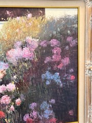 RARE An He Hans Amis LG 47″x 37″ Original Oil on Canvas Painting Lady in Garden