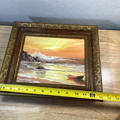 Ocean Waves Crashing on Beach Rocks at Sunset Acrylic on Canvas Framed Signed