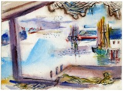 NATHANIEL DIRK, ‚CAPE ANN HARBOR VIEW‘, modernist watercolor, 1948.