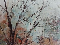 Vtg Impressionist painting oil canvas „Forest Interior with Pond“ signed illeg.
