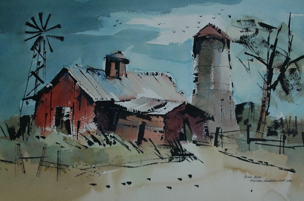 Beautiful Watercolor „Blade Barn“ Illinois Artist Vivian Chevillon (1923-2005)