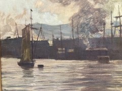 LEOPOLD BERAN INDUSTRIAL PORT SEASCAPE TONALIST MID CENTURY ANTIQUE OIL PAINTING