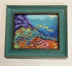 Original Underwater Coral Reef Framed Painting/Tropical ocean Water Art/12 X 14