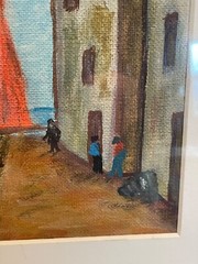 Vintage Oil Painting Greek Fishing Boats Framed 16” by 13”