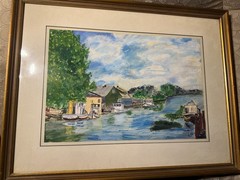 Vintage „Coastal Landscape With Moored Boats Scene“ Watercolor Painting – Framed