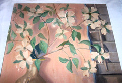 1900s Still Life Oil Painting ; Dogwood Flowers Vase Porcelain Asian Figure