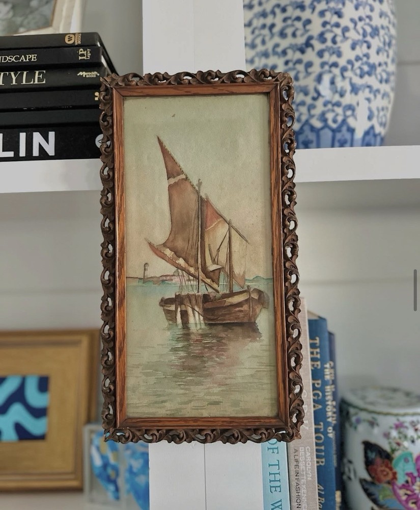 Original 1880s Watercolor of a Sailboat in a Harbor / Set in Antique Wood Frame