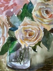 Original Watercolor White Roses Painting Flowers Still Life Wall Art Decor