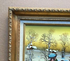 Great primitive Eastern European painting By Edith Simon on Masonite Board.