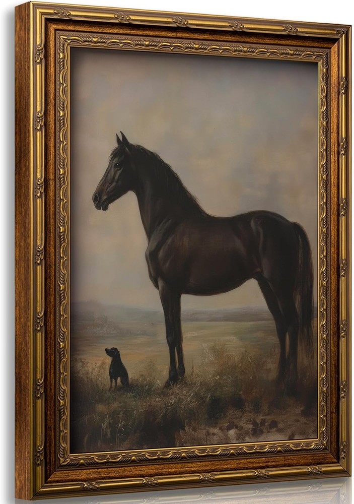 Vintage Horse Canvas Wall Art 9×11 Gold Frame Dog Painting Farmhouse Decor