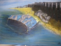 OOAK Lot of 3 original paintings collage boats 24×18 signed canvas Gallery Wall