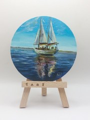 Original Oil Painting Sailboat Nautical Seascape Round Miniature Wall Art 4 inch