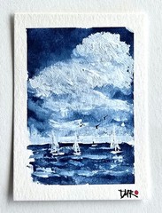 Original ACEO Seascape Sky Sailboats Nautical Dulce Maria Rico“THE REGATTA“