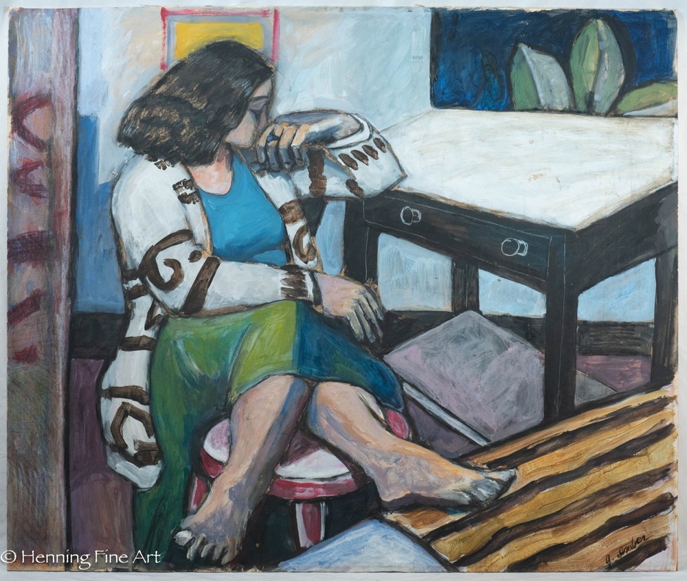 Vintage Modernist Painting Female Portrait with Feet Up Illegibly Signed 30×35″